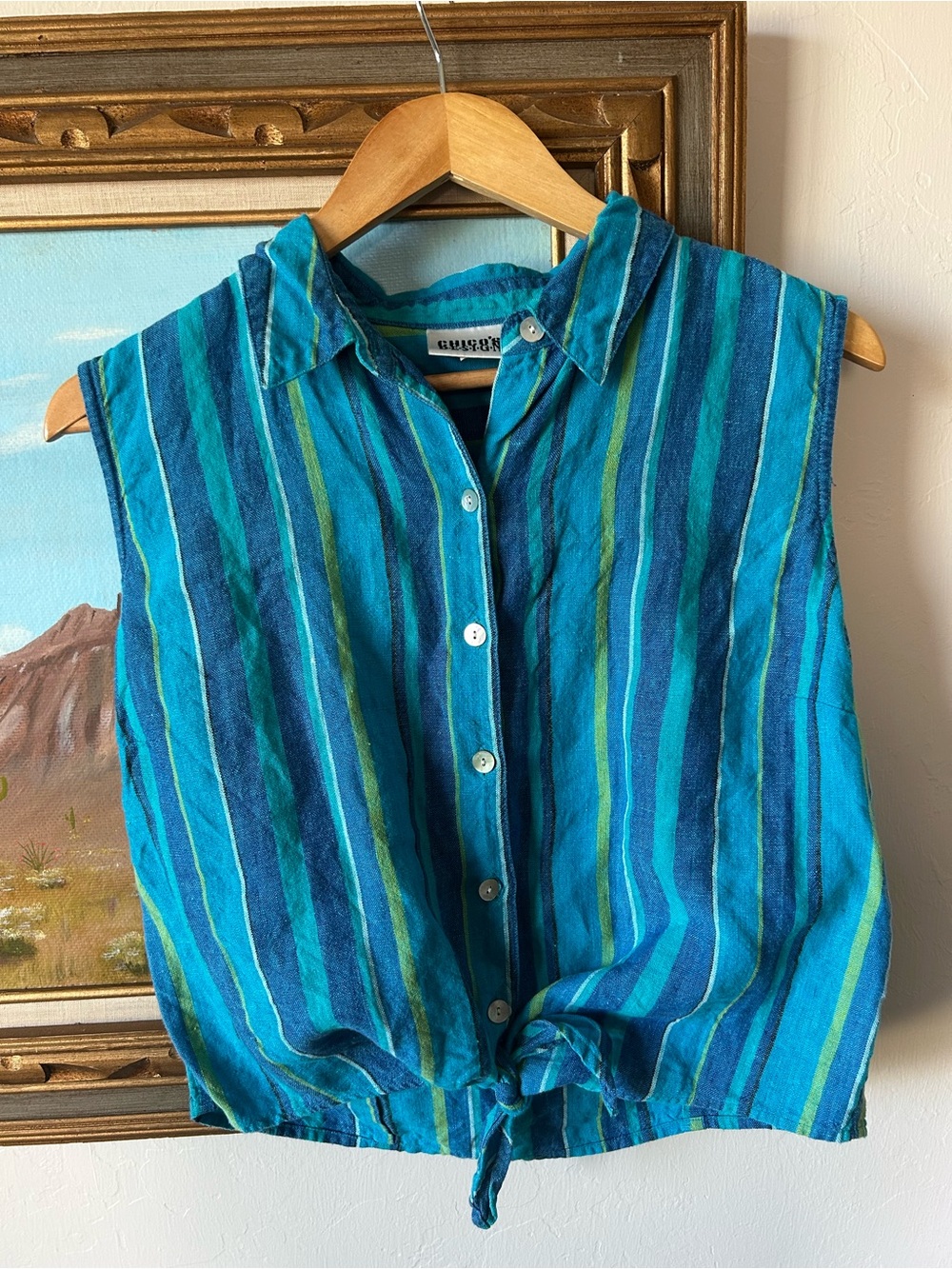 Chico's Teal & Navy Striped Sleeveless Button-Front Tie Hem Top